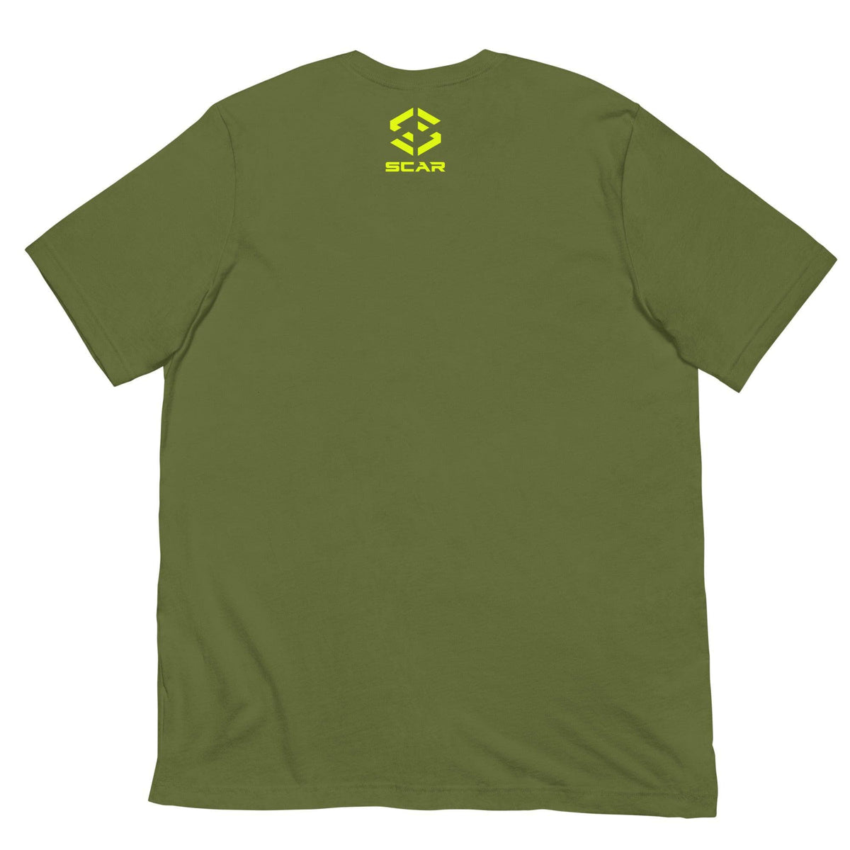 Olive green T-shirt with small yellow SCAR logo at back neck center