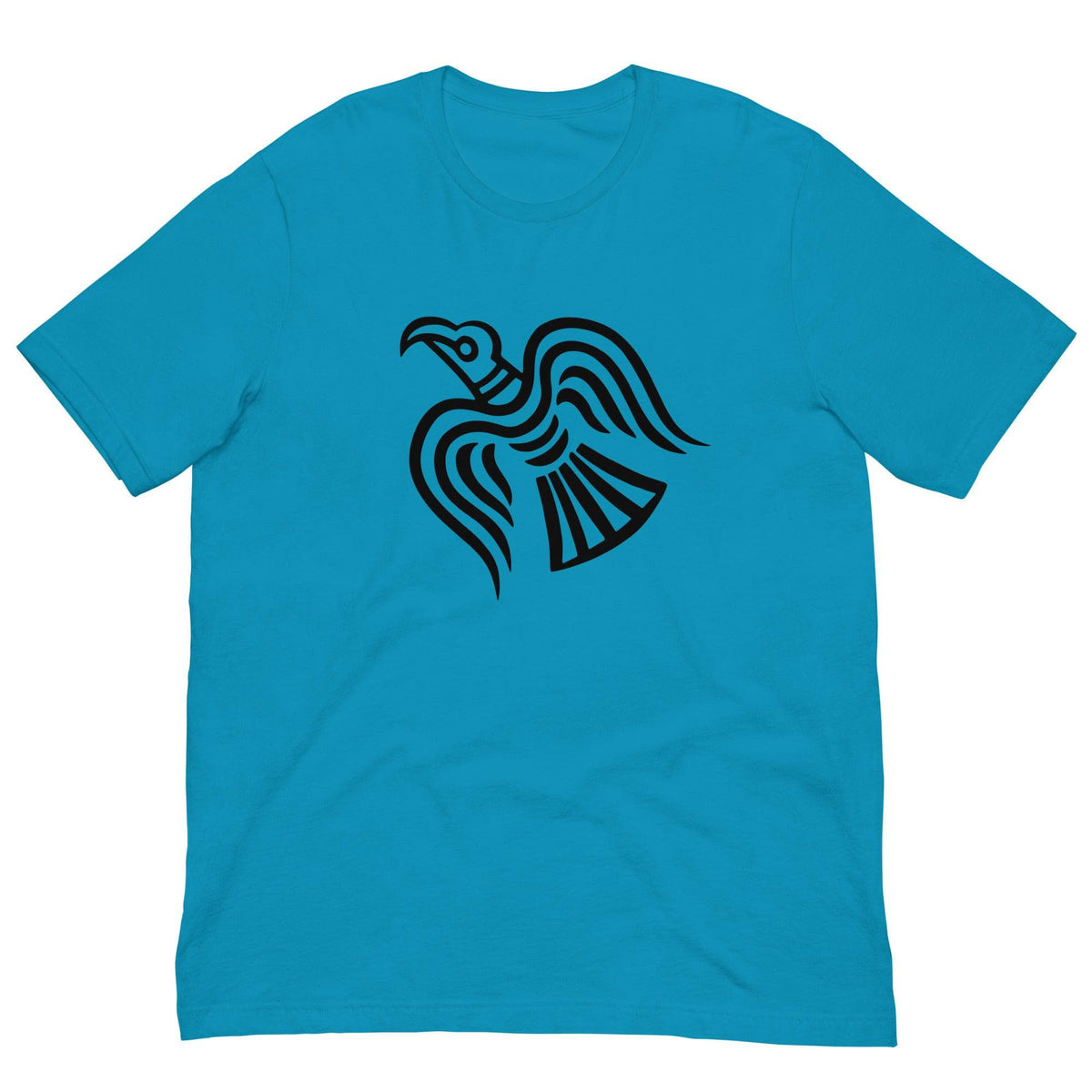 Aqua blue T-shirt with black raven graphic at center chest