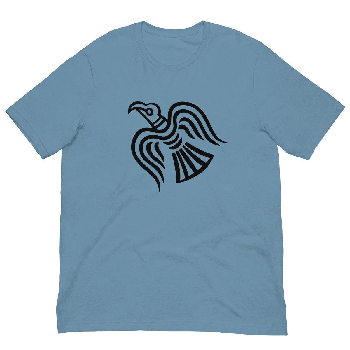 Steel blue T-shirt with black raven graphic at center chest
