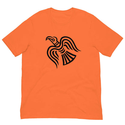 Orange T-shirt with black raven graphic at center chest