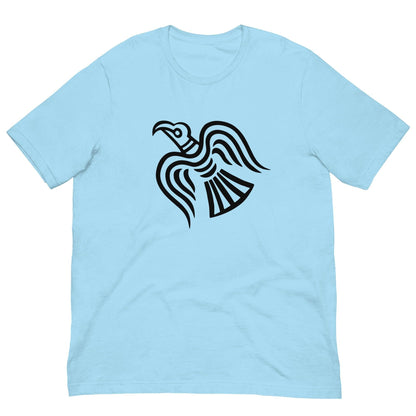 Ocean blue T-shirt with black raven graphic at center chest