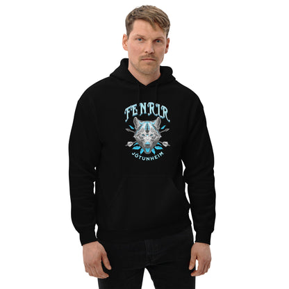 Black unisex hoodie with front wolf emblem print, pullover hood, and kangaroo pocket.