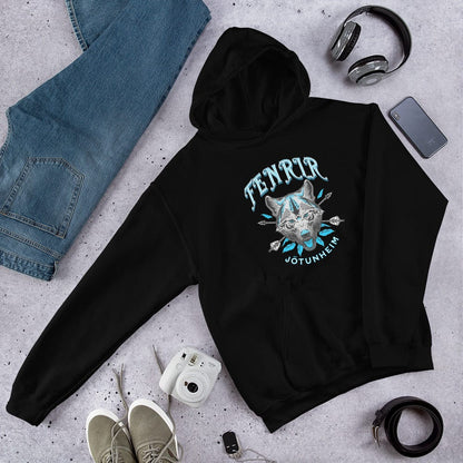 Black unisex hoodie with front wolf graphic, pullover hood, and kangaroo pocket.