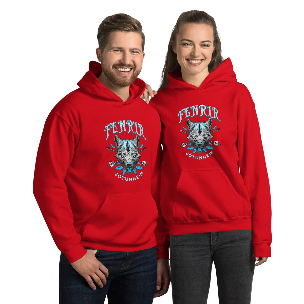 Red unisex hoodie with front wolf emblem print, pullover hood, and kangaroo pocket.