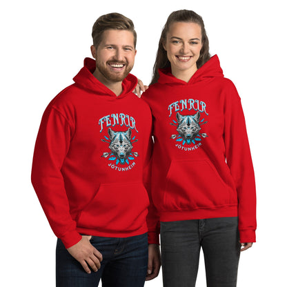 Red unisex hoodie with front wolf emblem print, pullover hood, and kangaroo pocket.
