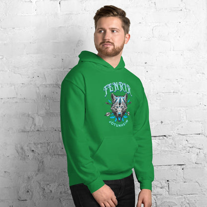 Green unisex hoodie with front wolf emblem print, pullover hood, and kangaroo pocket.