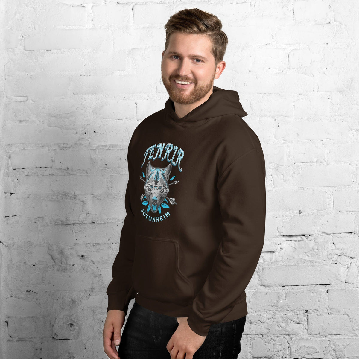 Brown unisex hoodie with front wolf emblem print, pullover hood, and kangaroo pocket.