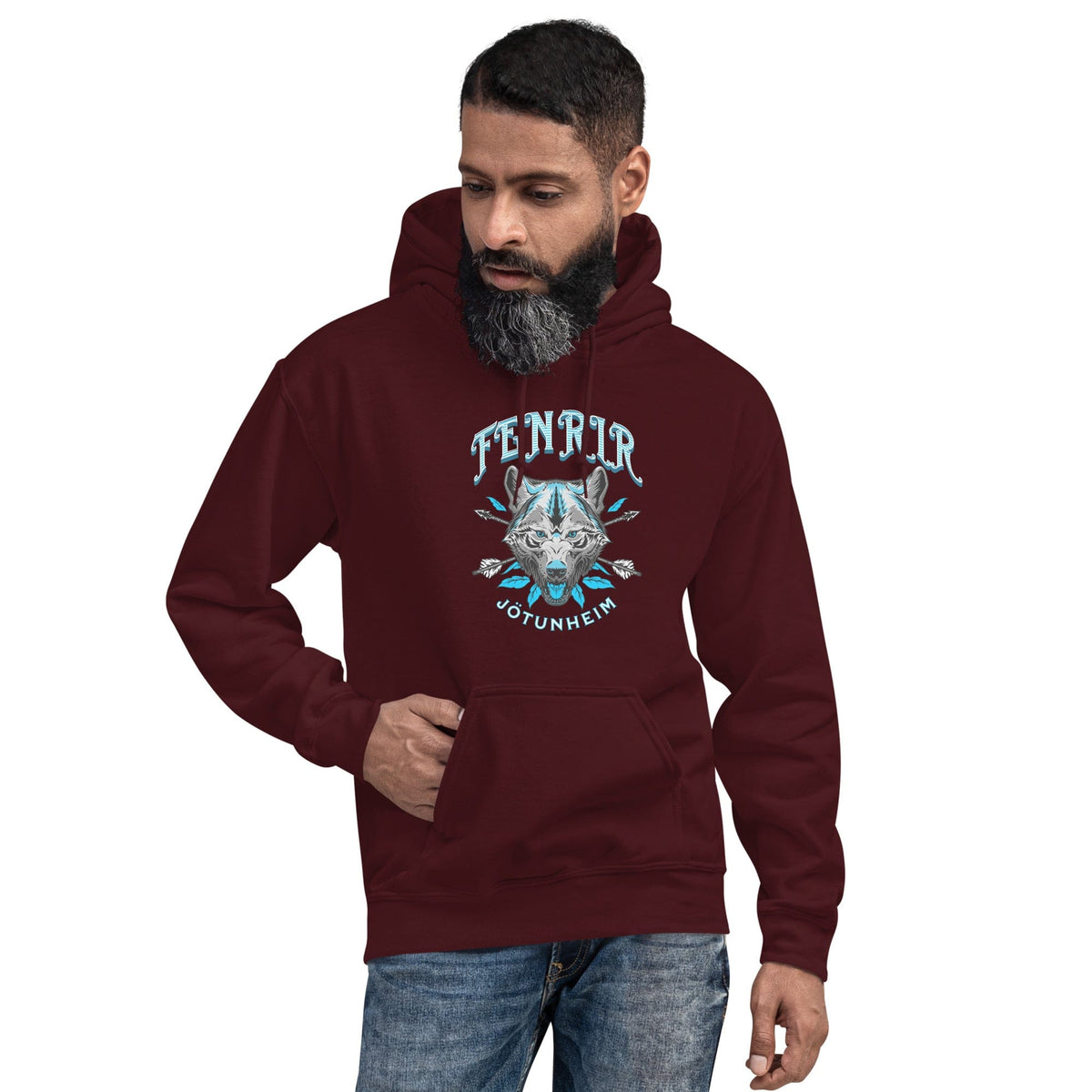 Maroon unisex hoodie with front wolf emblem print, pullover hood, and kangaroo pocket.