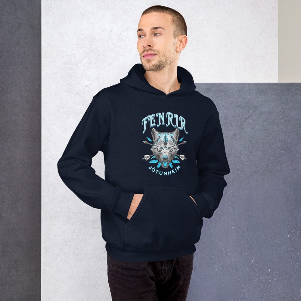 Navy unisex hoodie with front wolf emblem print, pullover hood, and kangaroo pocket.