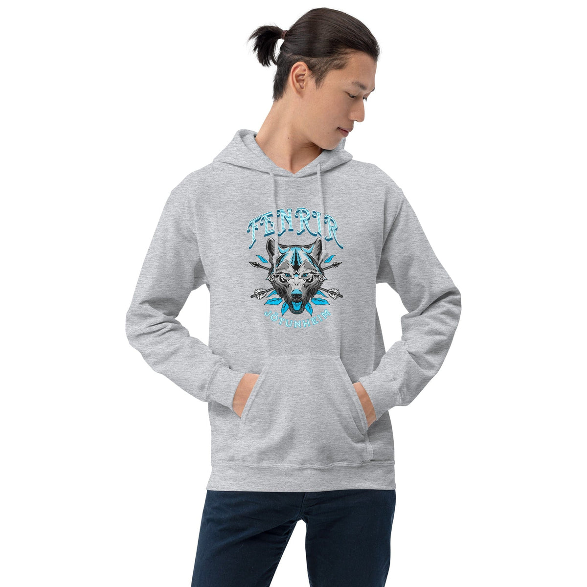 Heather gray unisex hoodie with front wolf emblem print, pullover hood, and kangaroo pocket.