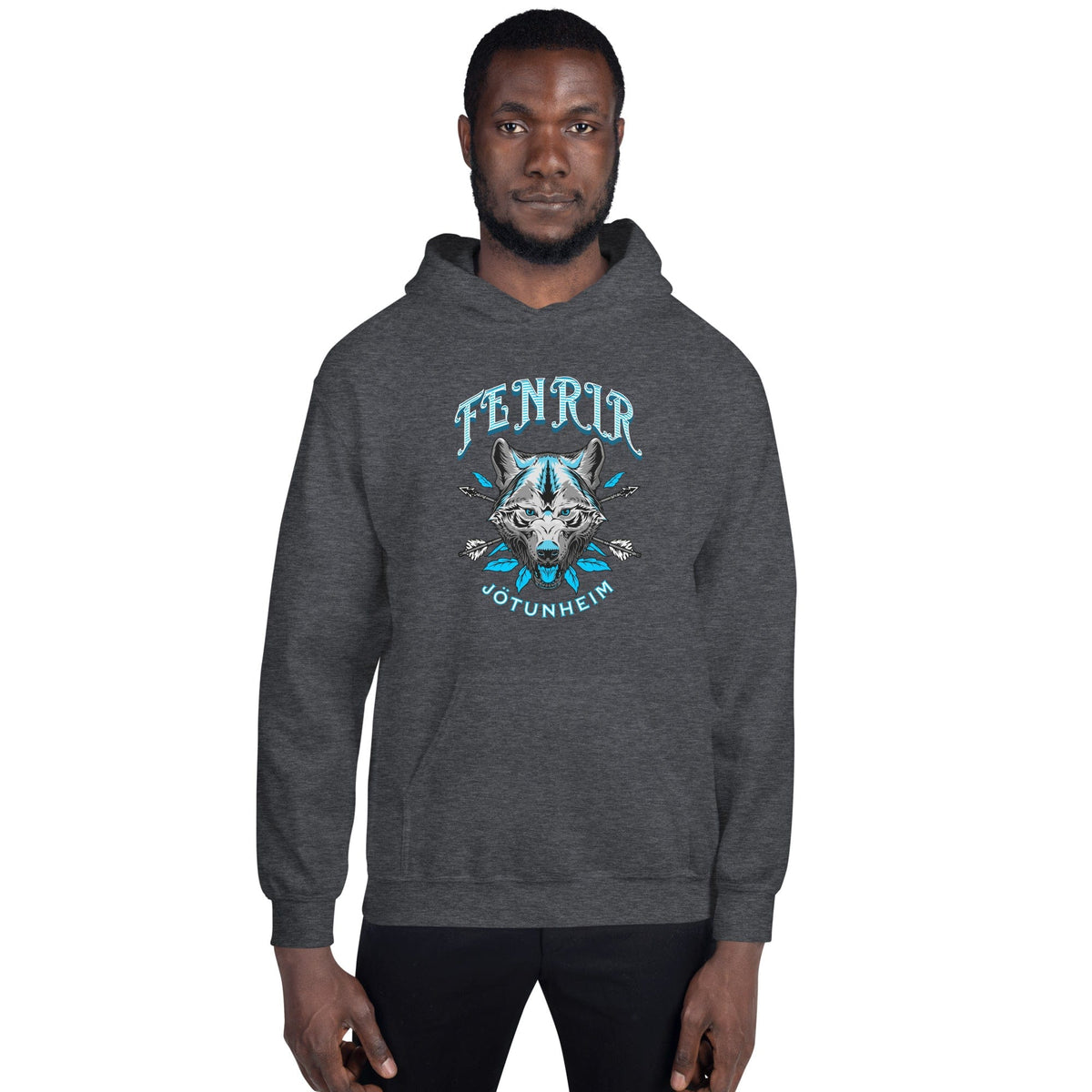 Heather gray unisex hoodie with front wolf emblem print, pullover hood, and kangaroo pocket.