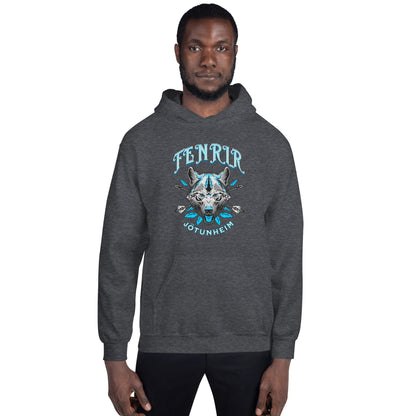 Heather gray unisex hoodie with front wolf emblem print, pullover hood, and kangaroo pocket.