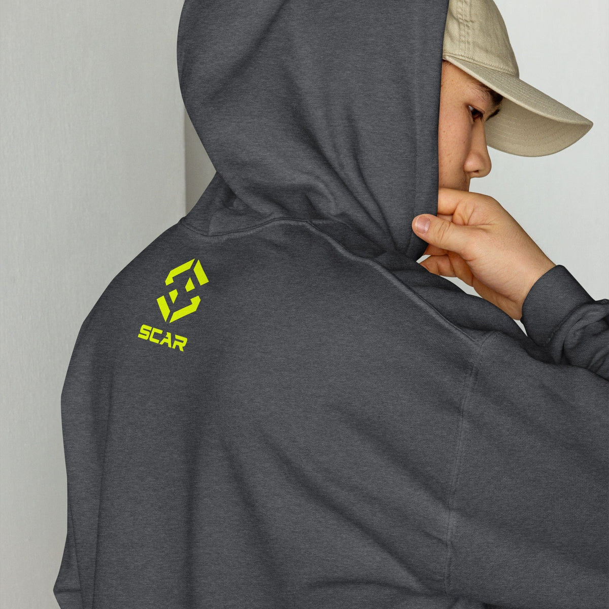 Unisex hoodie in dark heather gray with yellow-green chest logo and drawstring hood