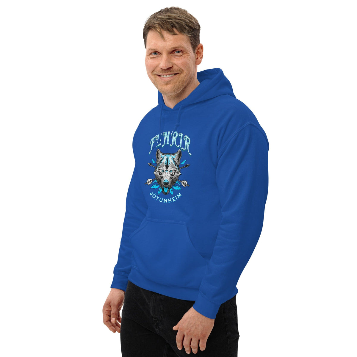 Unisex blue hoodie with wolf graphic on the chest and front pouch pocket