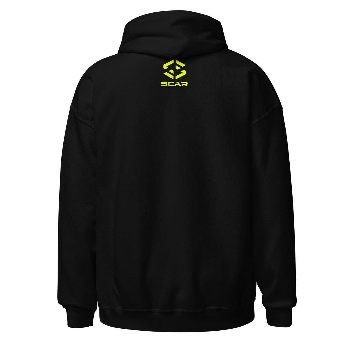 Unisex black hoodie with hood and small yellow SCAR graphic on the back