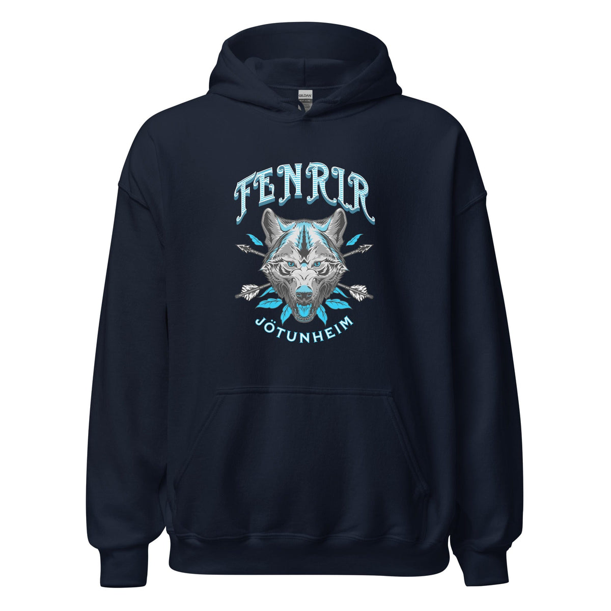 Unisex navy hoodie with wolf graphic on the chest and front pouch pocket