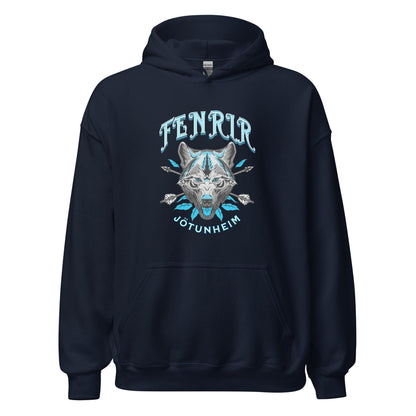 Unisex navy hoodie with wolf graphic on the chest and front pouch pocket