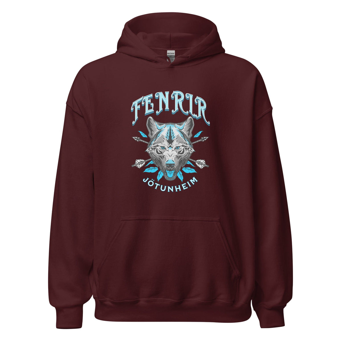 Unisex maroon hoodie with wolf graphic on the chest and front kangaroo pocket