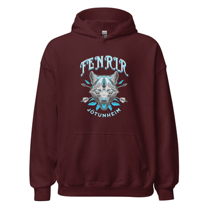 Unisex maroon hoodie with wolf graphic on the chest and front kangaroo pocket