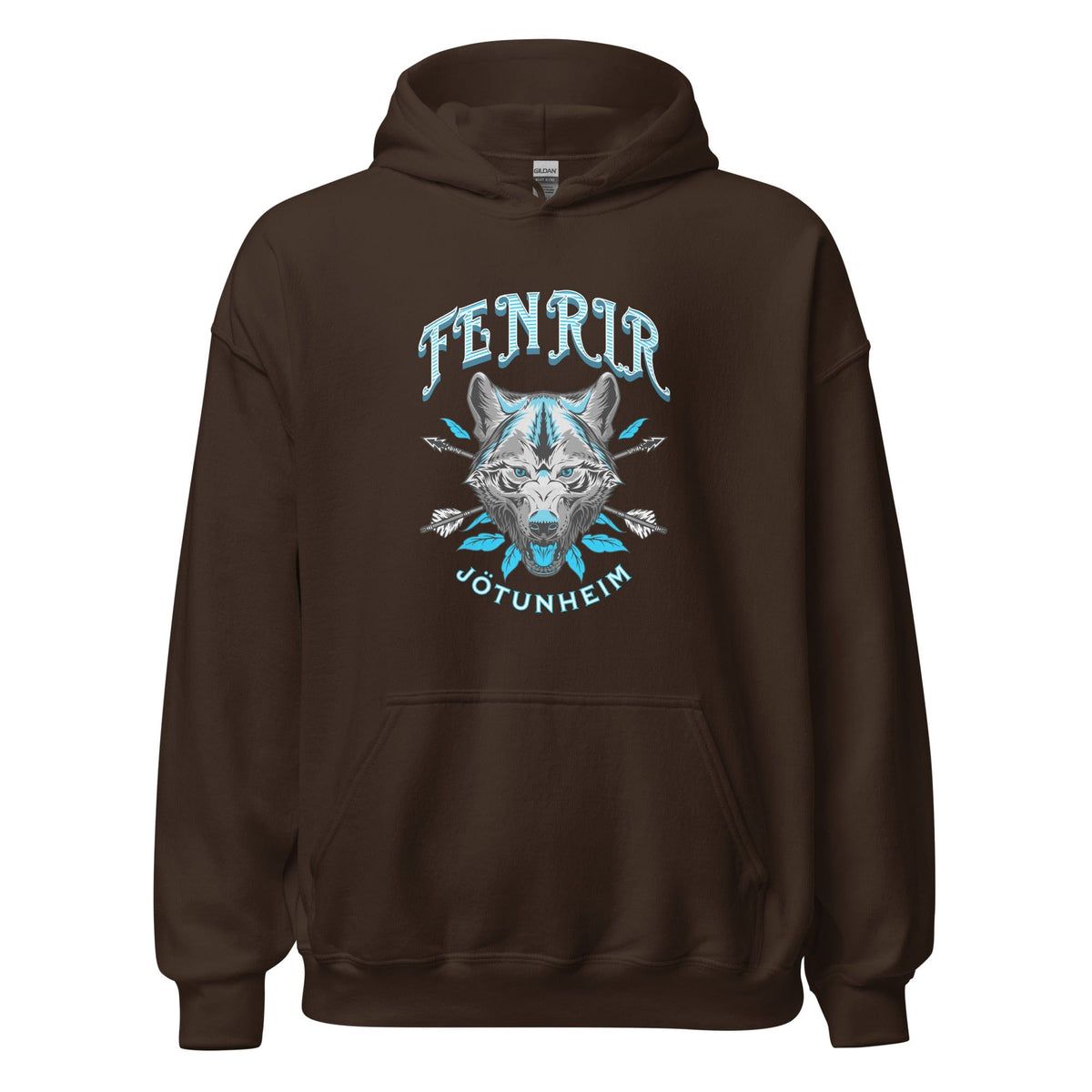 Unisex dark brown hoodie with wolf graphic on the chest and front pouch pocket