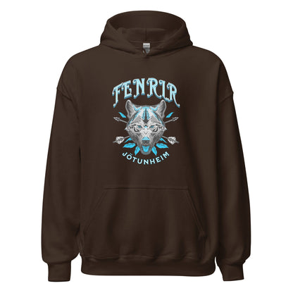 Unisex dark brown hoodie with wolf graphic on the chest and front pouch pocket