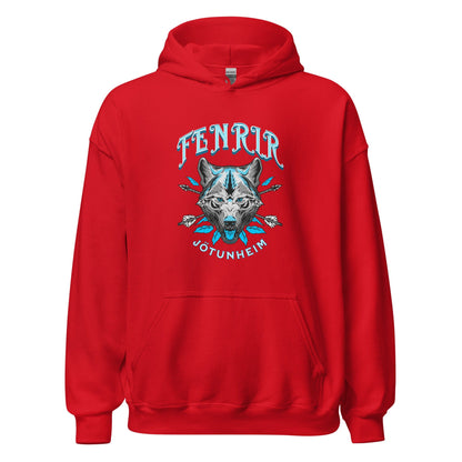 Unisex red hoodie with wolf graphic on the chest and front pouch pocket
