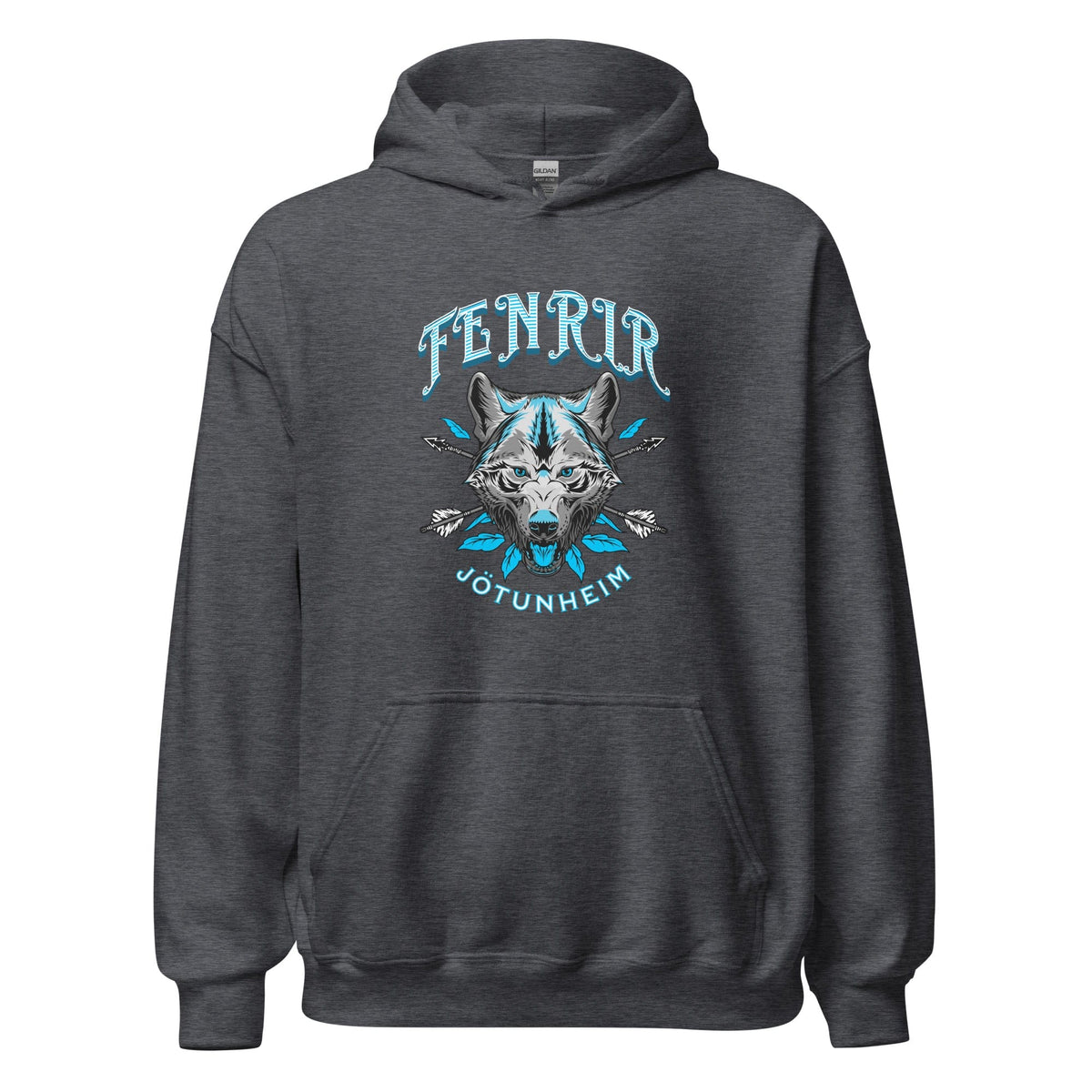 Unisex heather gray hoodie with wolf graphic on the chest and drawstring hood