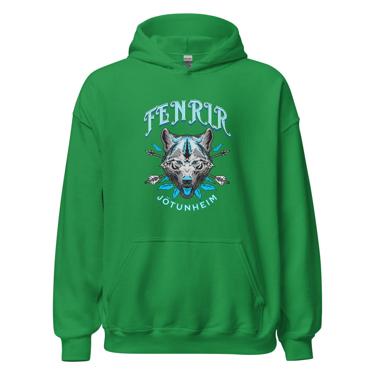 Unisex green hoodie with wolf graphic on the chest and front kangaroo pocket