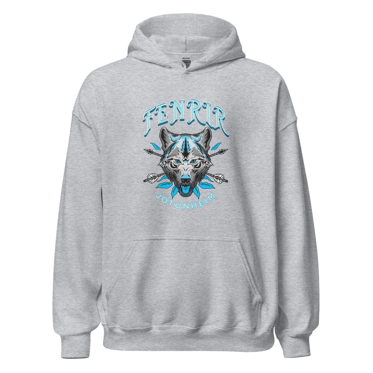 Unisex heather gray hoodie with wolf graphic on the chest and front pouch pocket
