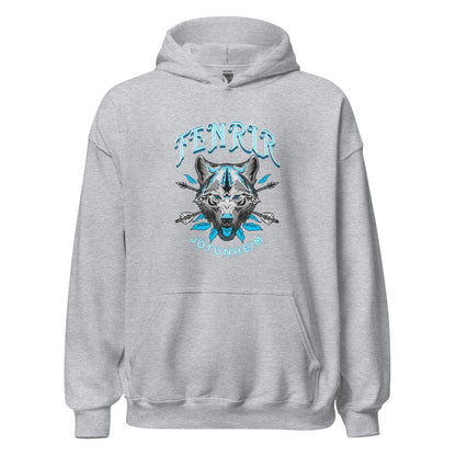 Unisex heather gray hoodie with wolf graphic on the chest and front pouch pocket
