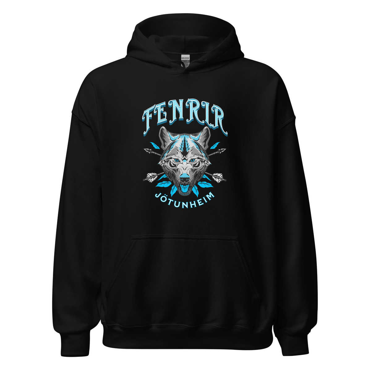 Black unisex hoodie with front wolf graphic, pullover hood, and kangaroo pocket.