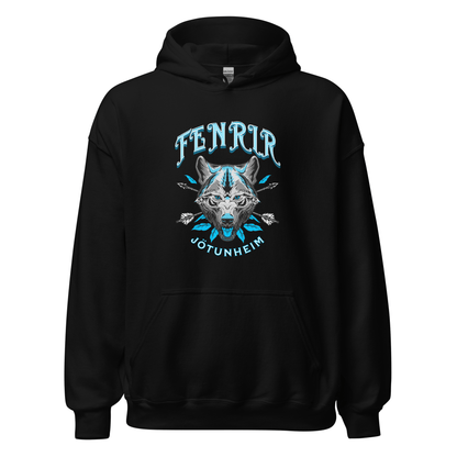 Black unisex hoodie with front wolf graphic, pullover hood, and kangaroo pocket.