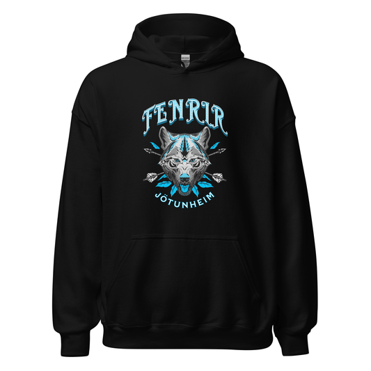 Black unisex hoodie with front wolf graphic, pullover hood, and kangaroo pocket.