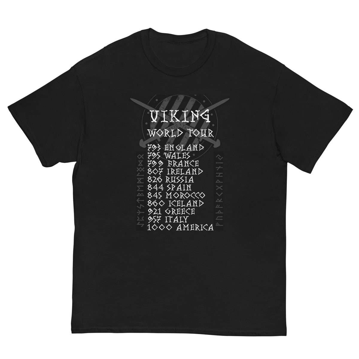 Black crewneck T-shirt with Viking World Tour graphic on chest