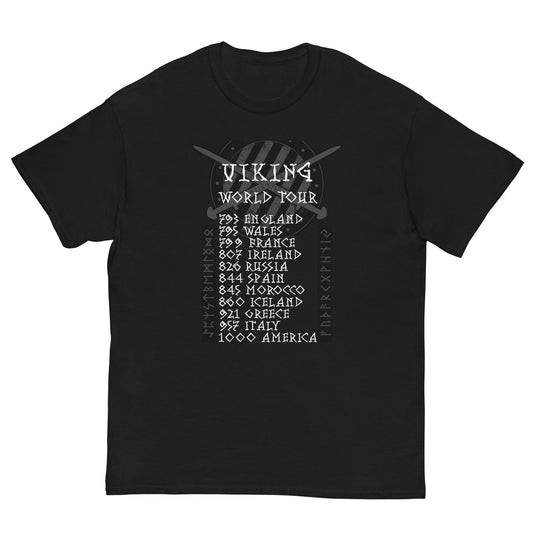Black crewneck T-shirt with Viking World Tour graphic on chest