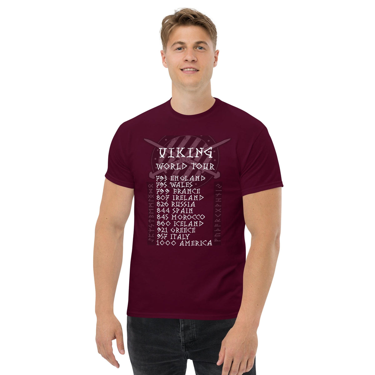 Maroon crewneck T-shirt with Viking World Tour graphic on chest