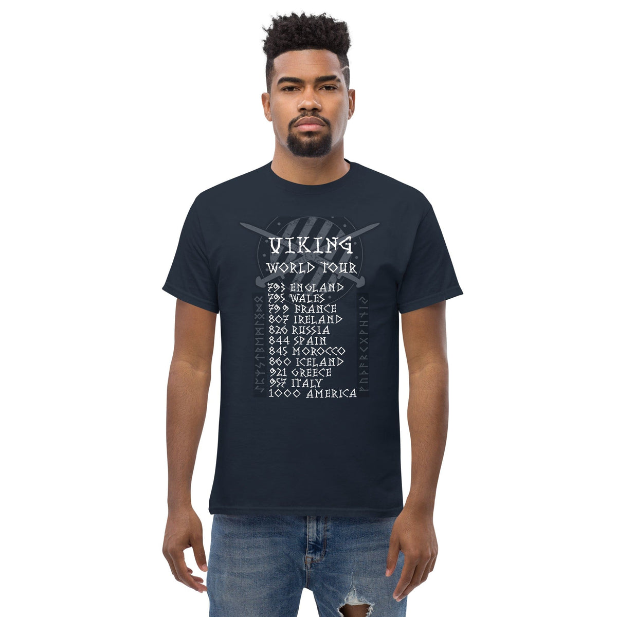 Dark crewneck T-shirt with Viking World Tour graphic on chest