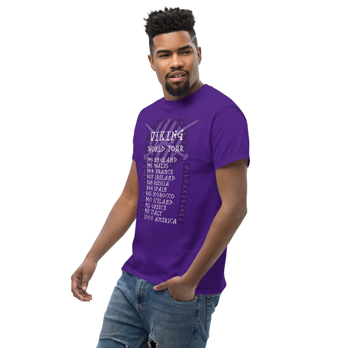 Purple crewneck T-shirt with Viking World Tour graphic on chest