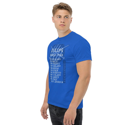 Blue crewneck T-shirt with Viking World Tour graphic on chest