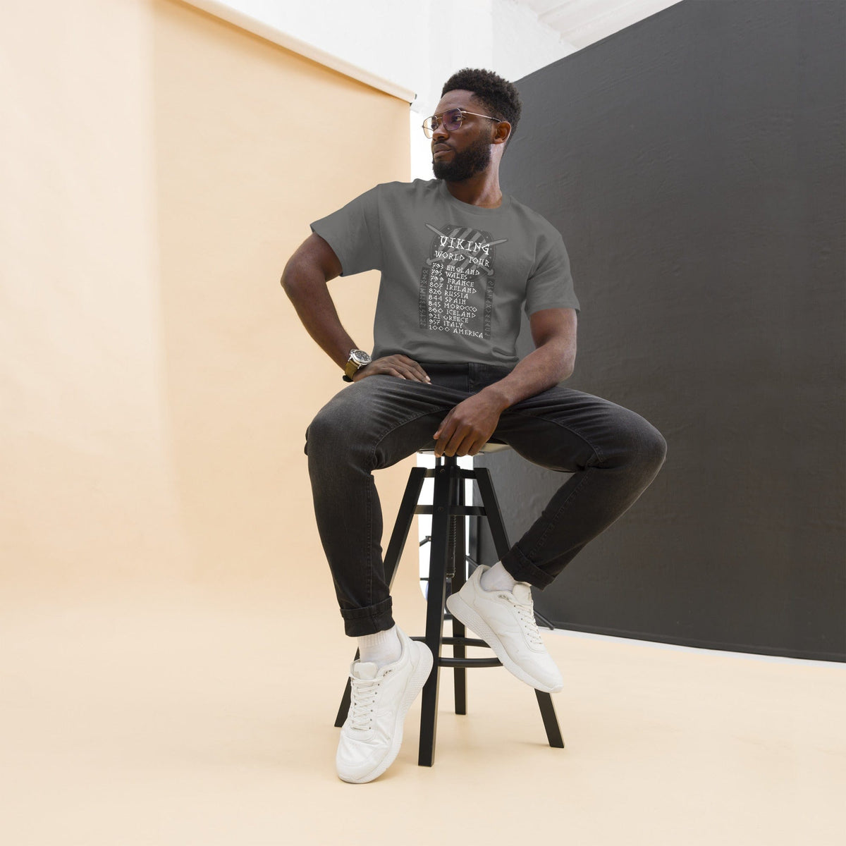 Gray crewneck T-shirt with small Viking graphic on chest