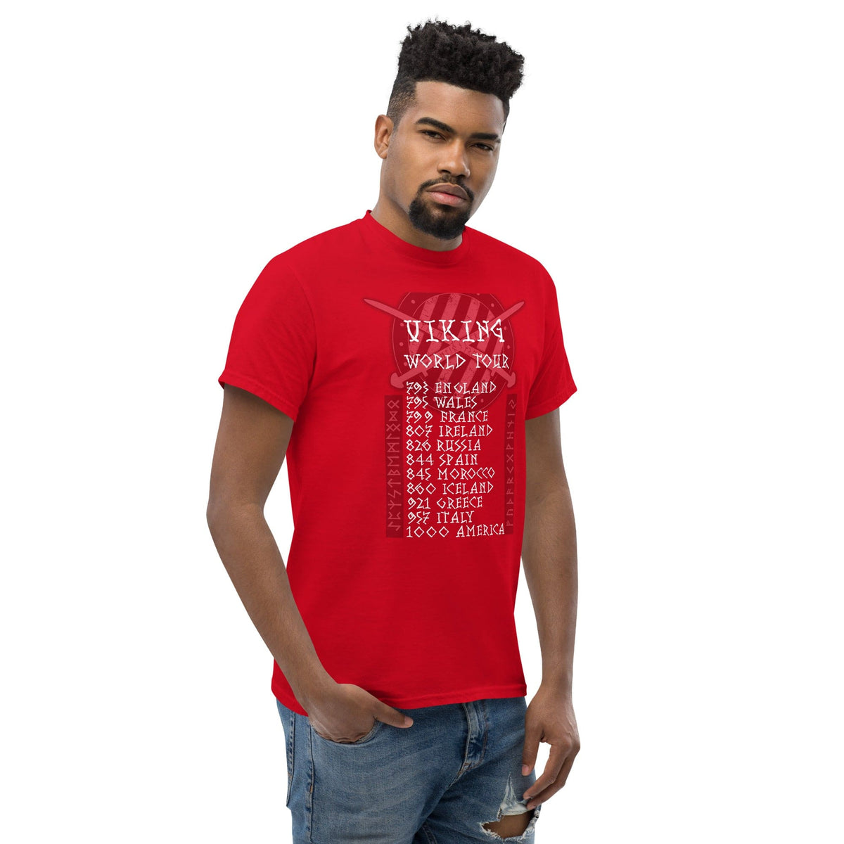 Red crewneck T-shirt with Viking World Tour graphic on chest