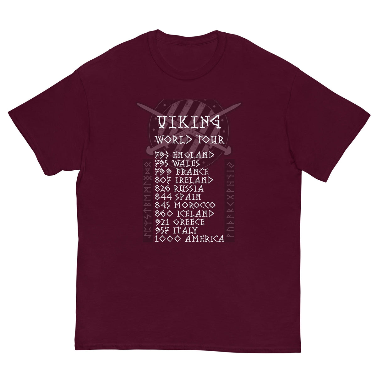 Maroon crewneck T-shirt with Viking World Tour graphic on chest