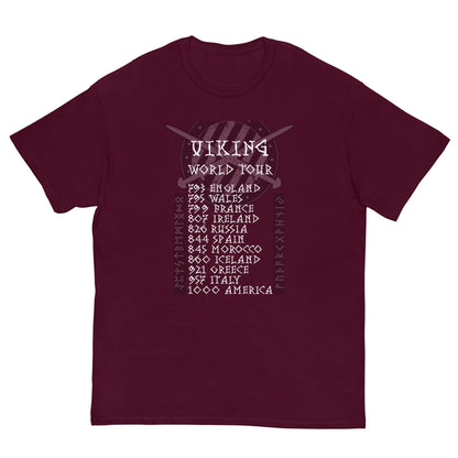 Maroon crewneck T-shirt with Viking World Tour graphic on chest