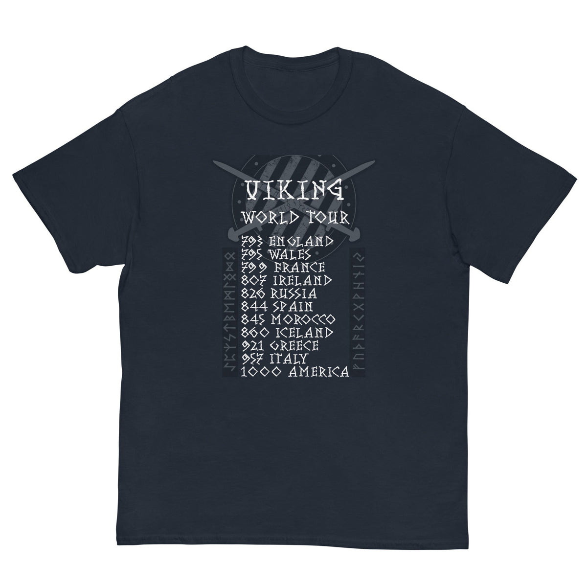 Dark navy T-shirt with Viking World Tour front graphic