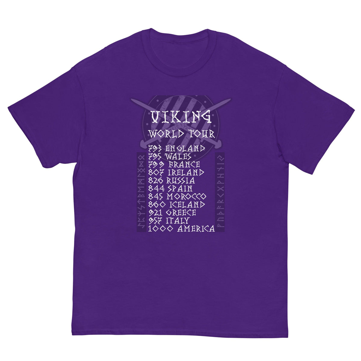 Purple T-shirt with Viking World Tour front graphic