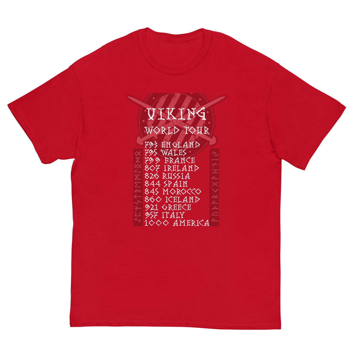 Red T-shirt with Viking World Tour front graphic