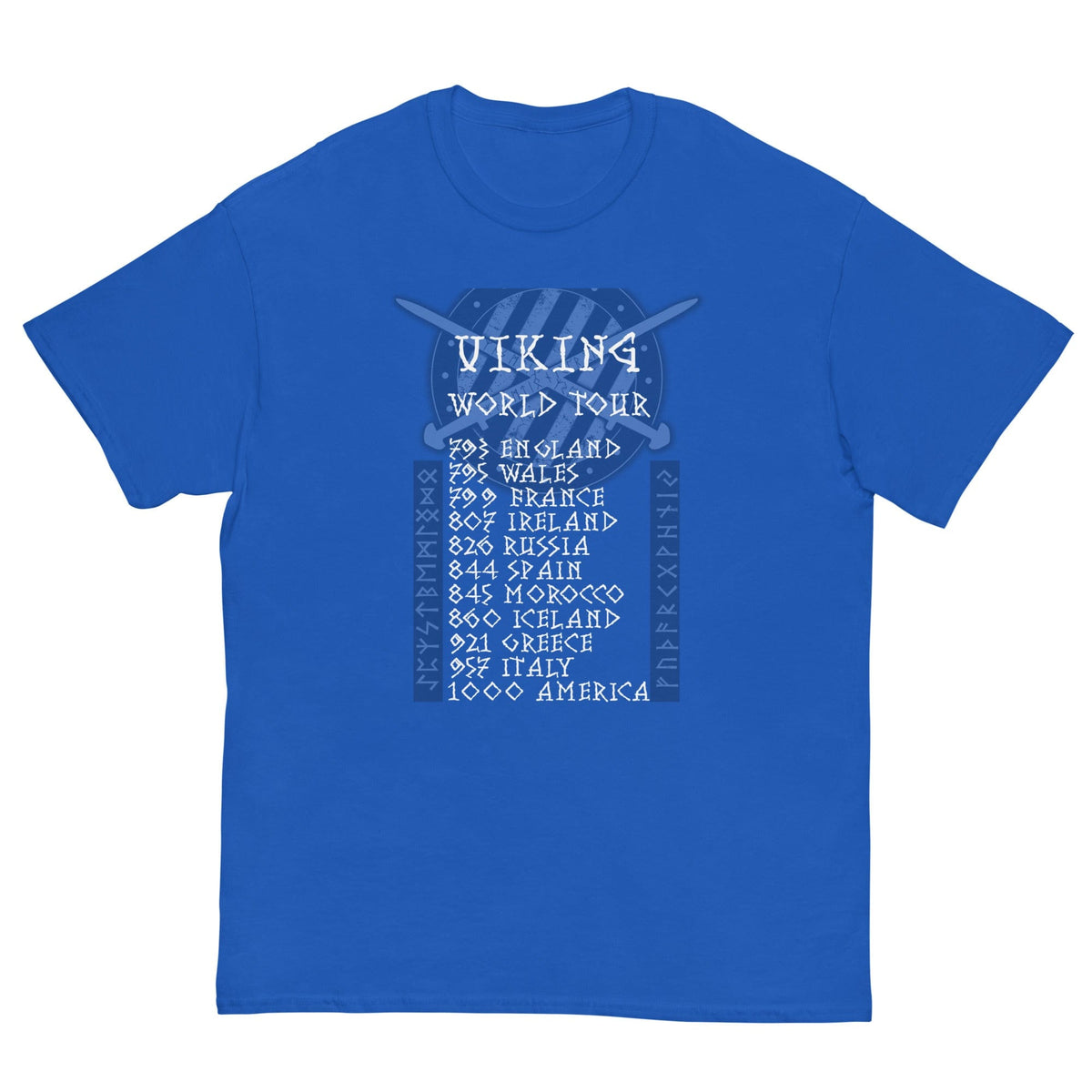 Royal blue T-shirt with Viking World Tour front graphic
