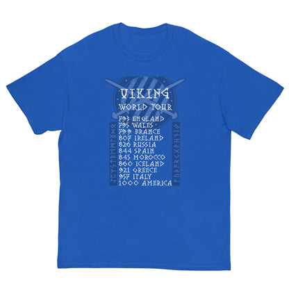 Royal blue T-shirt with Viking World Tour front graphic