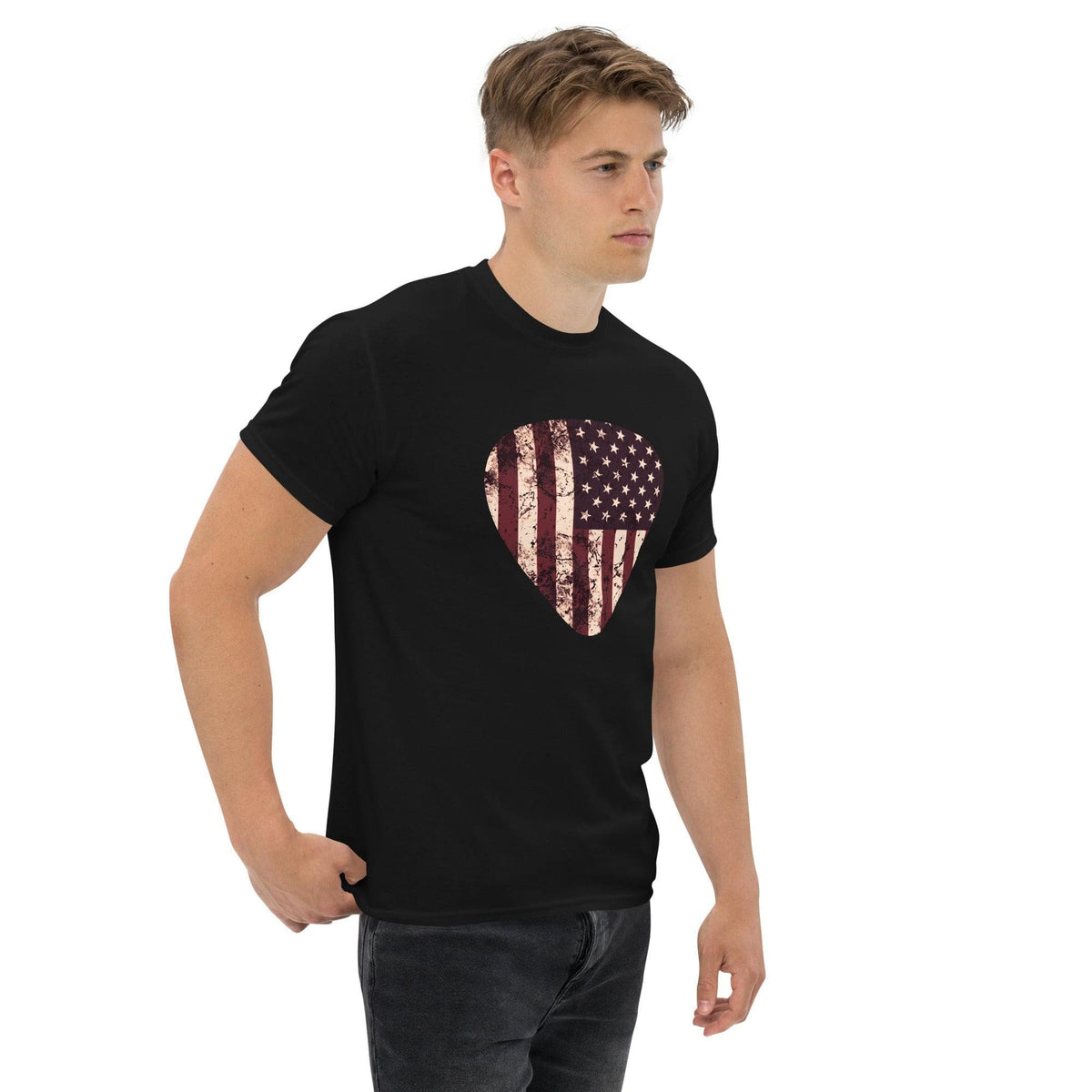 Black T-shirt with vintage American flag heart chest print