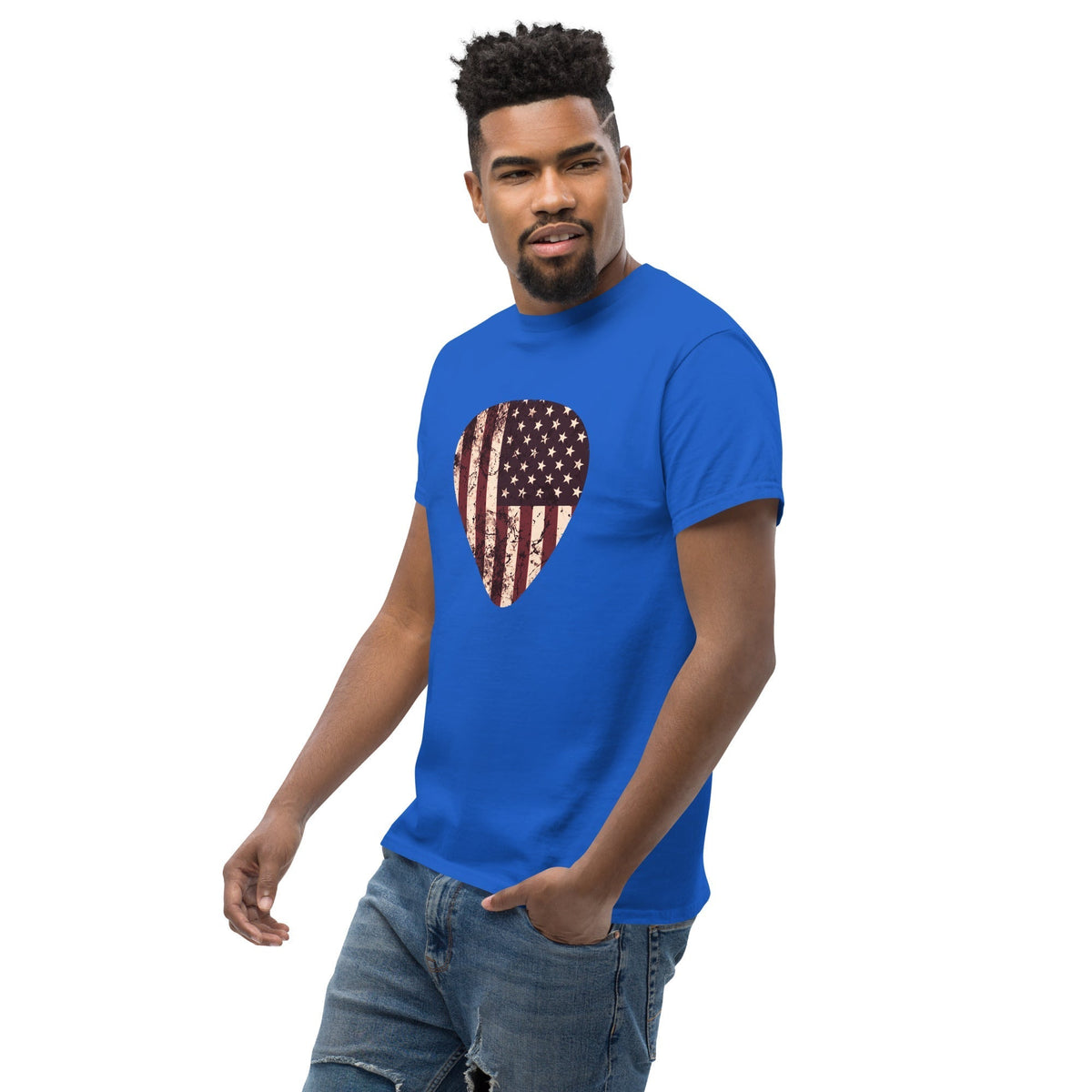 Royal blue T-shirt with vintage American flag heart graphic